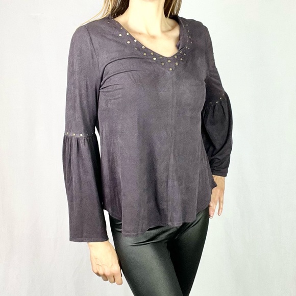 STYLE & CO |💜Dark Raisin Purple Faux Suede Bell Sleeves V-Neck Boho Blouse Top - Picture 4 of 11